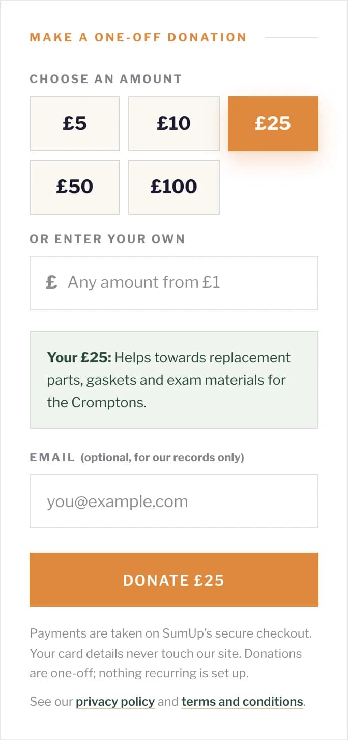 The donation form on a phone, with the £25 amount selected and a Donate £25 button.