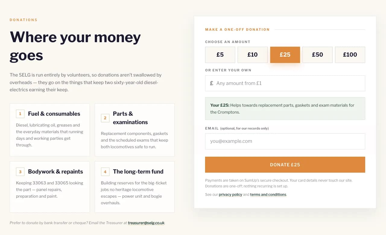 The donation section of the SELG support page, with preset amounts from £5 to £100, a field for any other amount and a note on what the donation pays for.