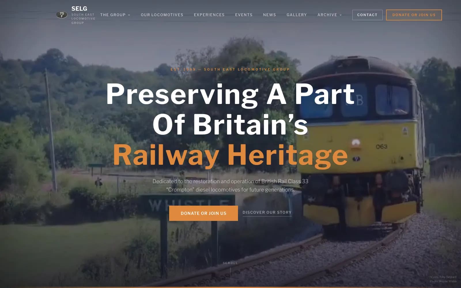 The South East Locomotive Group homepage: a Class 33 locomotive on the Spa Valley Railway behind the headline 'Preserving a part of Britain's railway heritage'.