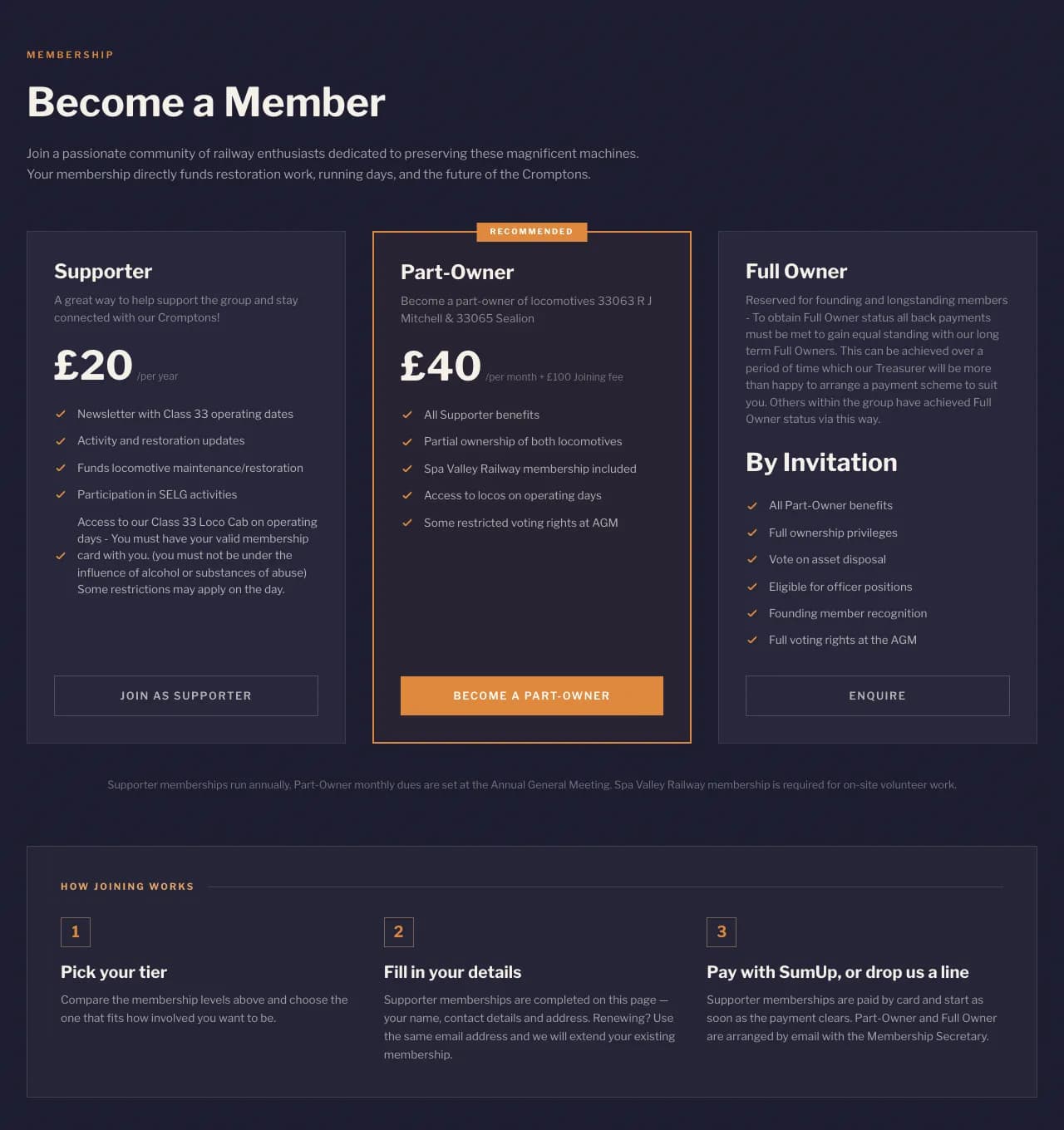The membership section of the SELG support page, with Supporter at £20 a year, Part-Owner at £40 a month and Full Owner by invitation, followed by a three-step guide to joining.