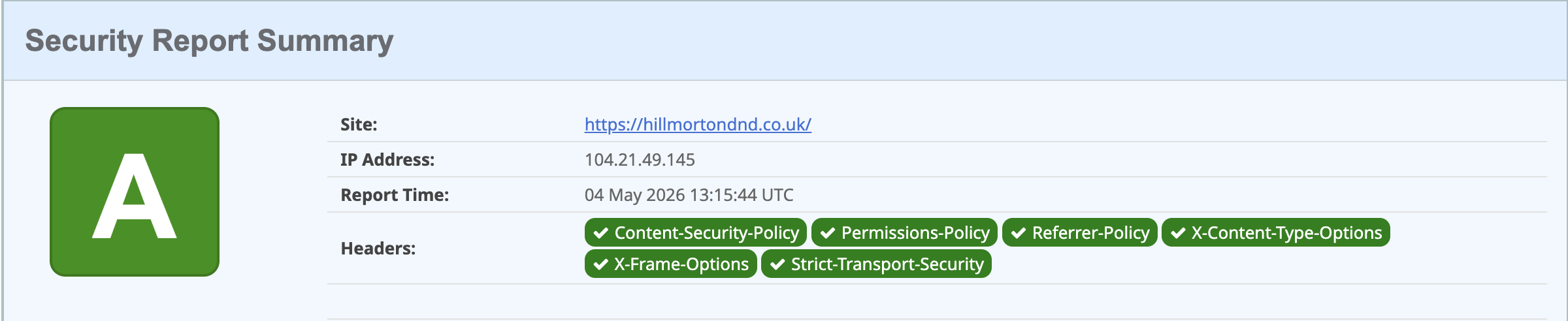 Security Headers grade A with all six headers passing for hillmortondnd.co.uk